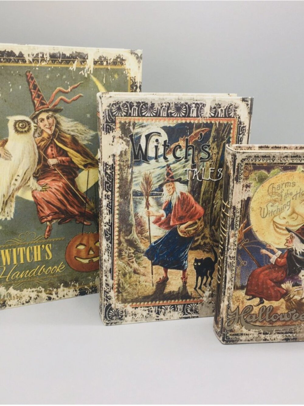 3pc Halloween Witch Handbook Faux Book Distressed Stash Storage Box Decor Prop